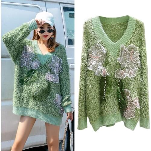 Handmade Rhinestone women V-neck pullovers sweater Mesh Flower Appliques Green knitwear Female Loose Long Sleeve Sweaters
