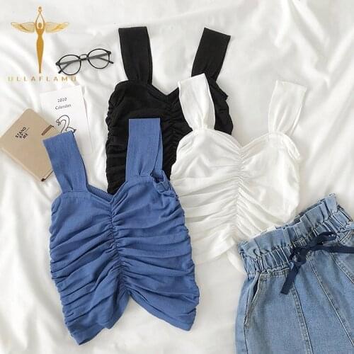 Summer Pleated Camis Women Crop Top Elastic Vast Ladies Tank Tops Sleeveless T-shirts Female Camisole Cropped Blusas 2021