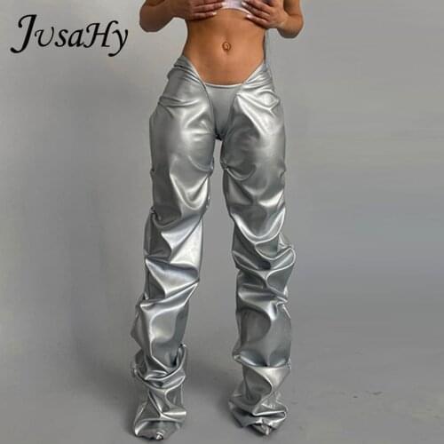JuSaHy Vintage Pleated Loose Pants for Women Fashion Y2K Elastic Slim Solid Trousers Casual High Streetwear Fenale Autumn Bottom