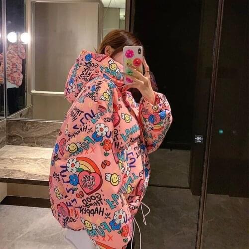 Print High-End Quality Hoody Down Jacket 2021 New Women White Duck Down Bread Jacke Student Fried Street Winter Coat Oversize