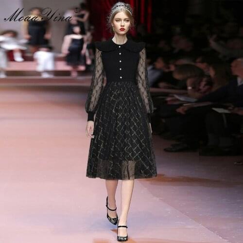 Womens Clothing Fashion Designer Dress Spring Womens Dress Mesh Long sleeve Knitting Patchwork Lurex Ball Gown Elegant Dresses