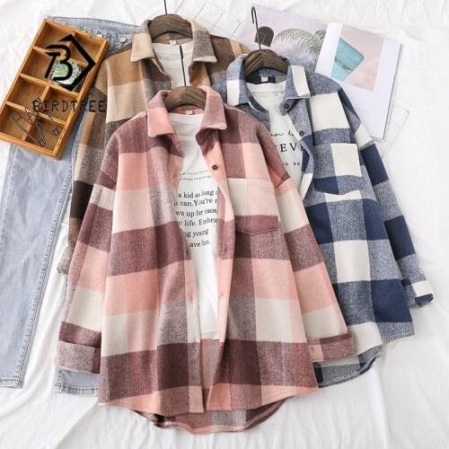 Autumn New Women Big Plaid Full Sleeve Thick Warm Woolen Shirt Jacket Winter Oversize Tops Stylish Girl Casual Outwear 2021