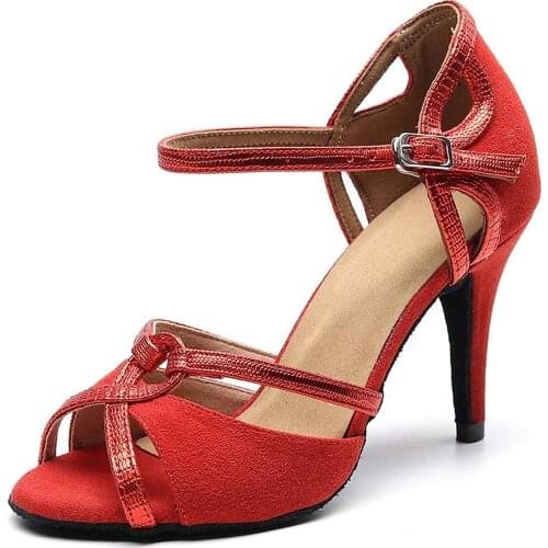 Evkoodance Zapatos De Baile Girl Cow Split Leather 8.5cm Red Women Latin Ballroom Salsa Dance Shoes For Ladies 955