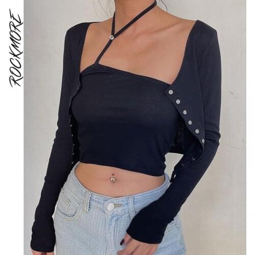 Rockmore Two Pieces T Shirt Cardigans and Cami Crop Top Women Harajuku Long Sleeve Streetwear Casual Knitted Basic Tight Tees