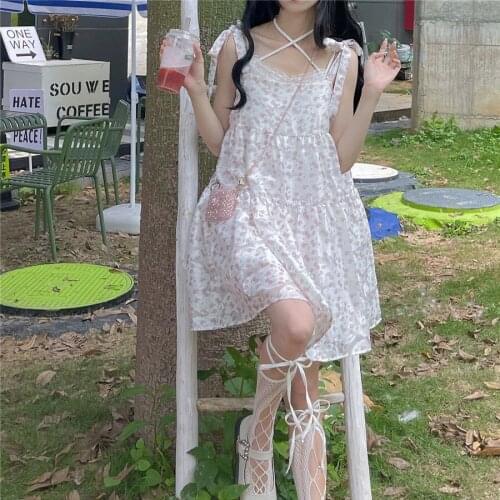 Bella New Kawaii Strap Floral Women Dresses Summer 2021 Korean Fashion Print Sweet Dress Sleeveless Lace Outdoor Casual Sundress