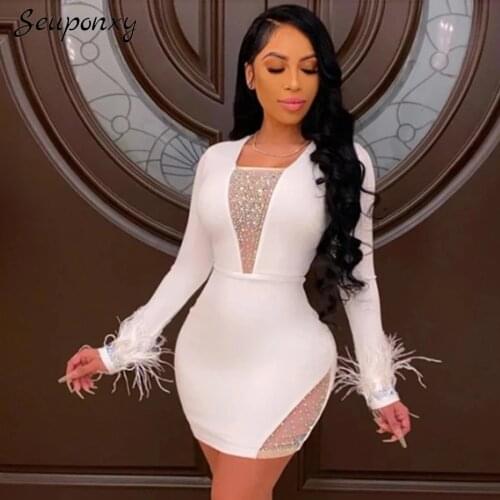 High Quality 2021 Summer Sexy Long-Sleeved Mesh Gauze Diamond Feather Bandage Dress WomenS Bodycon Club Party Dress Vestidos