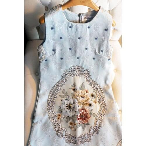 Summer High-End Customization French Style Vintage Court Luxury Diamond A-Line Sleeveless Loose Dress Floral Waisted Temperament