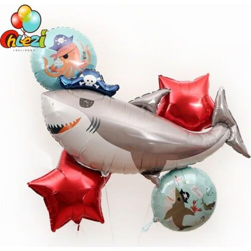 5pcs Pirates shark Foil balloons Boy Girl Birthday party decoration Set Kids toy ocean animal theme helium balloon Baby Shower