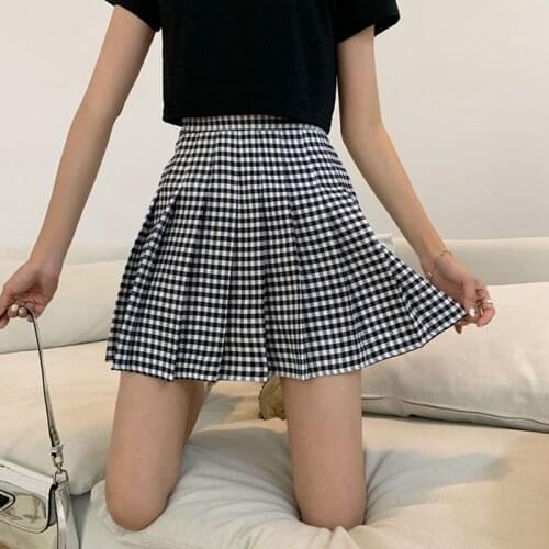 BETHQUENOY Black Plaid Pleated Skirts Saias Mulher Plisada Spodnica Damska Women Mujer Faldas Woman Skirt Femme Midi Jupe 2021