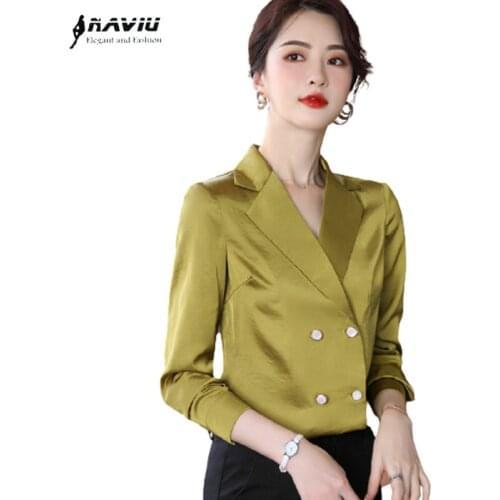 White Shirt Women Spring Autumn Fashion New V Neck Acetate Satin Green Long Sleeve Blouses Office Ladies Work Wear