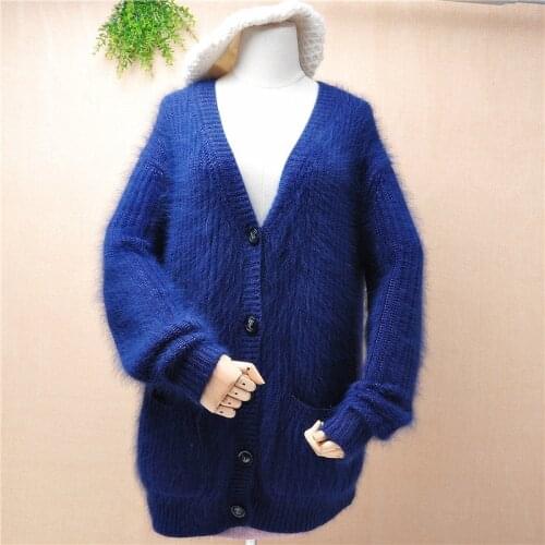 Elegant fashion winter thick warm deep v-neck hairy striped mink cashmere loose cardigans angora rabbit hair jacket coat sweater