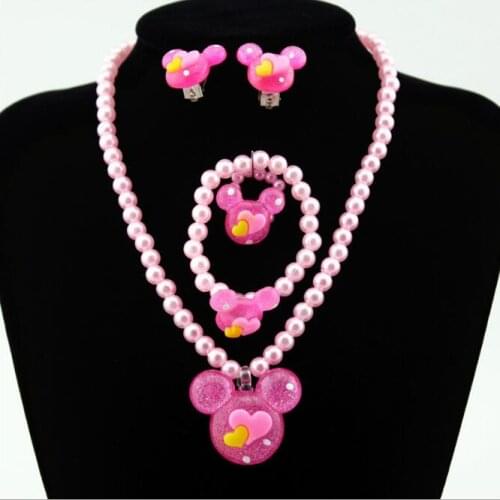 1set Baby Girls Princess Lovely Imitation Pearls Bead Jewelry Set Cute mickey Pendant Necklace Bracelets Ring Sets party gifts