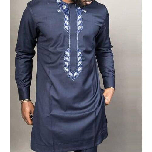 Casual Mens Printed Round Neck Mid-length T-shirt Loose African Ethnic Mens Long-sleeved Shirt Traditional Male Clothes 2021