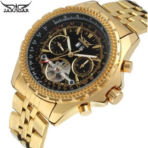 Jaragar Mens Watch Mechanical Golden Black Tourbillon Date Business Fashion Steel Band Sport Watches Automatic Self-Wind Relogio
