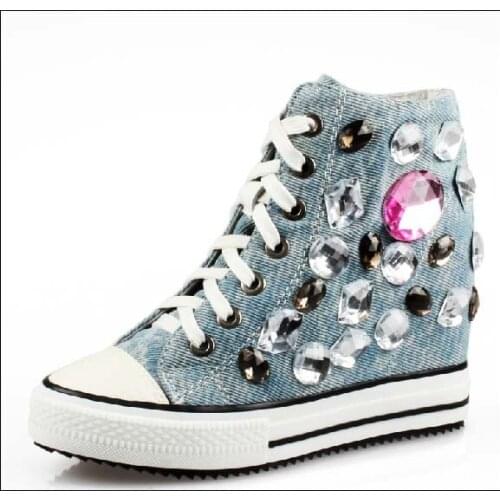 New 2017 top fashion high quality denim canvas rhinestone shoes lace up wedges high heel casual elevator height increasing boots