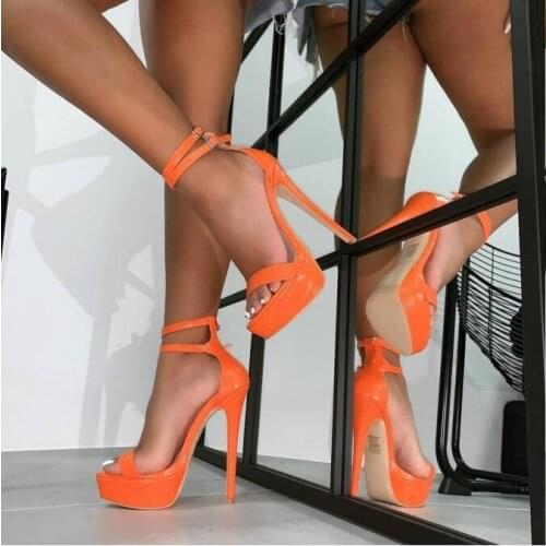 New Arrivals Orange Leather Super High Heels Women Sandals Peep Toe Double Ankle Strap Platform Gladiator Sandals Shoes Women