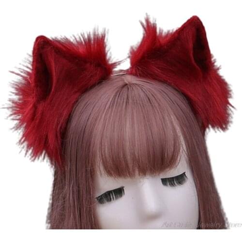 Handmade Simulation Faux Fur Wolf Ears Headband Realistic Solid Color Fluffy Plush Animal Hair Hoop Cosplay Costume A07 21