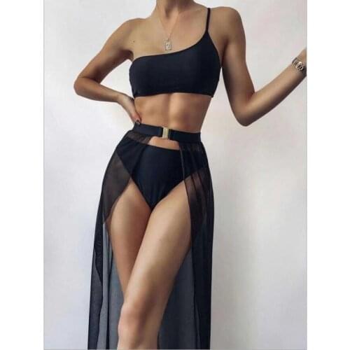 Solid Bikini Female Black Swimsuit with Long Dress Women Swimwear Three pieces Summer Beach Dress Bathing Suit Swim Dropshipping