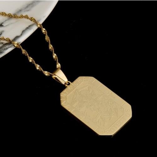 Stainless Steel Saint Michael Pendant Necklace Engraving St. Michael The Archangel Jewelry