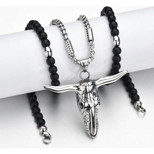 Titanium Steel African Tribe Style Skull Head Bull Pendant Necklace Black Stone Strand Beads Necklaces