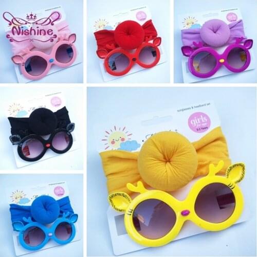 Nishine 2pcs Baby Girls Donut Headband Anti Ultraviolet Cartoon Deer Kids Infant Sunglasses Newborn Headwear Accessories Sets
