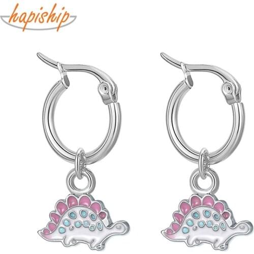 Hapiship 2021 New Fashion Stainless Steel Glaze Dinosaur Unicorn Bees Rainbow Hoop Earring for Women Men Everyday Jewelry DJ317