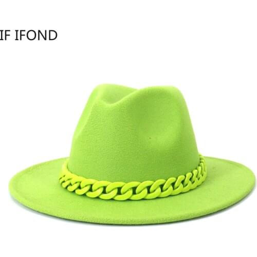 British Elegant Fascinator Womenss Felt Fedora Hat Wide Brim Thick Chain Band Jazz Men Caps Panama Trilby Formal Party Cap