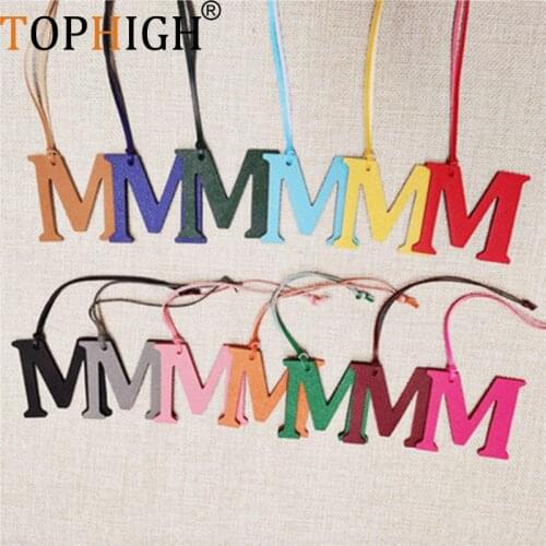 TOPHIGH Newly Luxury Genuine Natural Leather Initial English Letter M Keychain Backpack Pendant Men Women Bag Charms