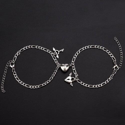 Creative 2 Pcs/Set Heart Shaped Magnet Attraction Bracelet Stainless Steel Angel Wing Lock Couples Charm Jewelry Gifts