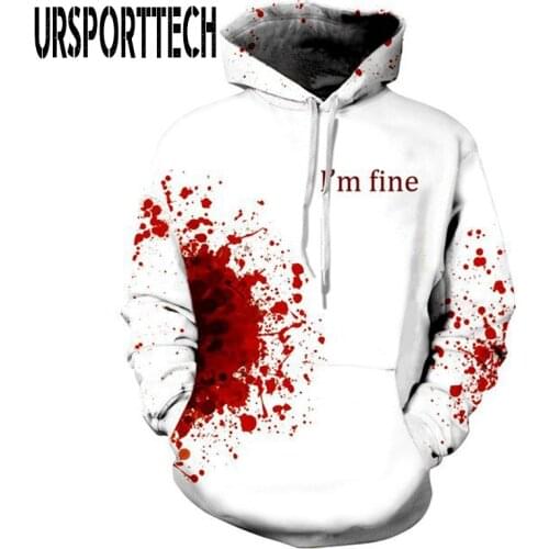 URSPORTTECH Brand Horror Wound 3D Hoodies Men Women Cool Pullover White Halloween Hooded Sweatshirt I Am Fine Print Male Hoodie