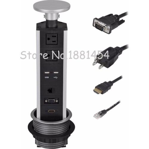 Vertical Tabletop Power Data Center Pulling 2 US Plugs RJ45 Ports HDMI VGA with 110-220V/50HZ Input for Surge Protectors Charger