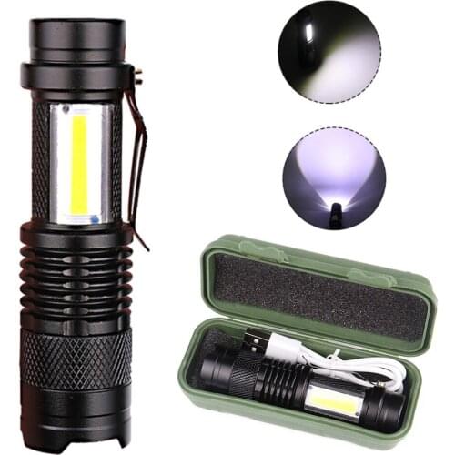 XPE LED + COB Flashlight LED USB Rechargeable Light 3 Modes Zoomable Outdoor Torch Lamp Built-in 400mAh Battery