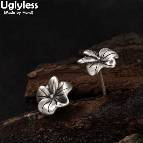 Uglyless Real 925 Sterling Silver Handmade Engrave Lotus Leaf Stud Earrings for Women Vintage Brincos Bijoux Ethnic Fine Jewelry