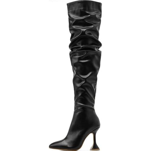 2021 Fashion Winter Women Boots Over the knee high boots Black Strange Style Heels Heel Pleated Long Boots Pointed Toe Shoes
