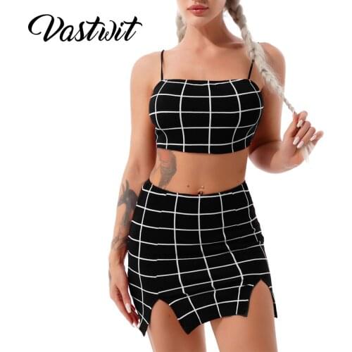 Women Summer Casual Plaid Two-piece Set Spaghetti Strap Lace-up Back Crop Top with Split Sides Mini Skirt