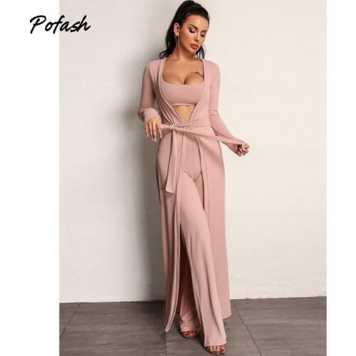 Pofash Solid Pink Loose Three Pieces Set For Womens Tracksuit Long Sleeves Home Casual Outfits Female Tank Top And Pants 2021