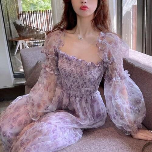 Summer Floral Dress Women Elegant Elastic Breast Wrapping Pullover Dress Female Long Puff Sleeve Party Midi Dress 2021 New