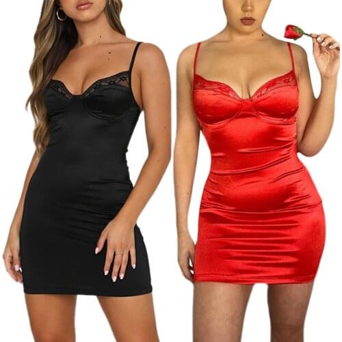 Women Solid Color Sling Dress with Lace, Sleeveless Deep V-neck High Waist Bodycon for Summer