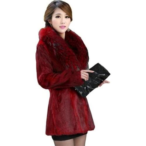 Faux Fur Coat Women Black Wine Red S-4XL Plus Size Loose Fox Fur Collar Jackets Autumn Winter Korean Office Mom Clothing LD1085