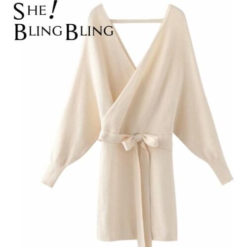 SheBlingBling Za Woman 2021 Fashion Sexy V Neck Backless Dresses Autumn Elegant Long Batwing Sleeve Sashes Knit Female Dress