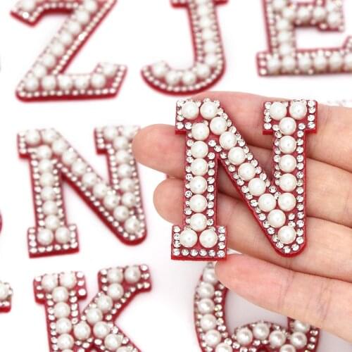 1Pcs Red Base Letter Patches Pearl Rhinestone Letter Patch For Clothes English Alphabet Letter Applique Sew On Badge DIY Bag Hat