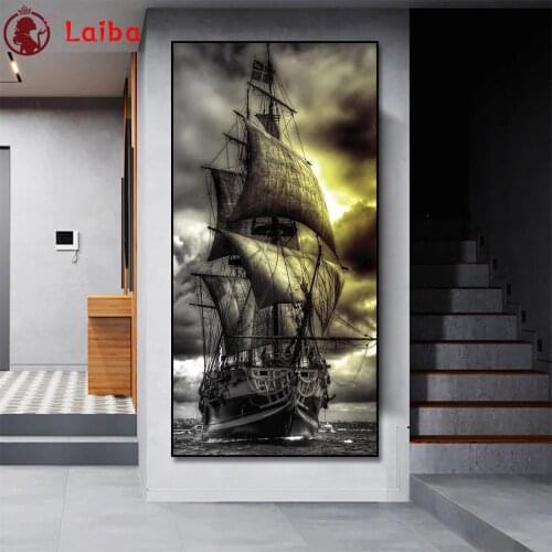 Diamond Embroidery Black boat sails in the sea Picture Of Diamond Painting Full Square round drill Mosaic Cross Stitch Wall Art