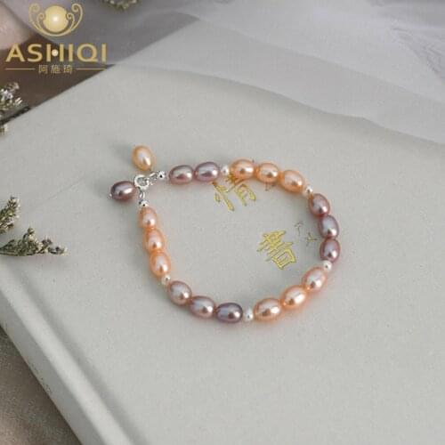 ASHIQI Natural Freshwater Pearl Bracelet Rral 925 Sterling Silver Button Jewelry Multi Color Fashion Gift Women