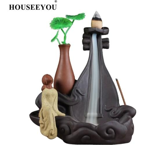 HOUSEEYOU Lady Harp Vase Backflow Incense Burner Ceramic Stick Incense Holder Aromatherapy Censer for Home Buddhist Temple