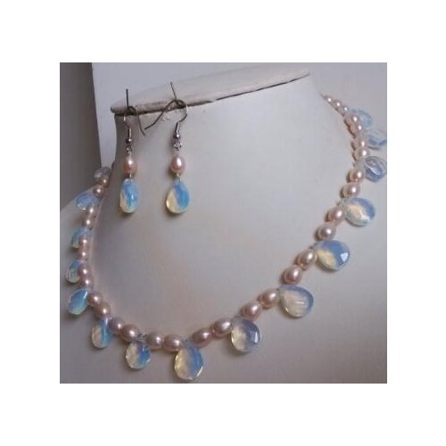 Perfect Pearl Jewelry Set 17inch 6-7MM Lavender Pearl Moonstone Necklace Earrings Set