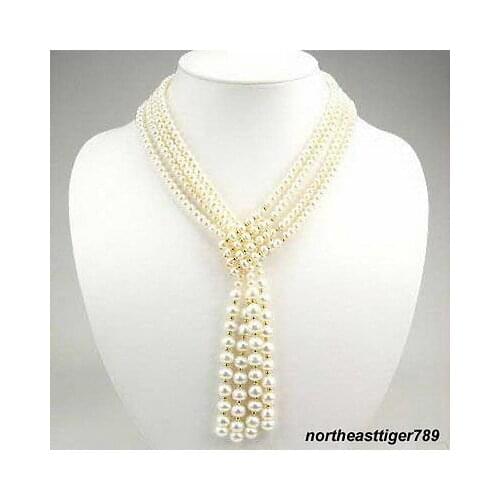Hot sale Free Shipping>>>4 Rows Genuine White Pearl 18KGP Beads Wide Tie necklace