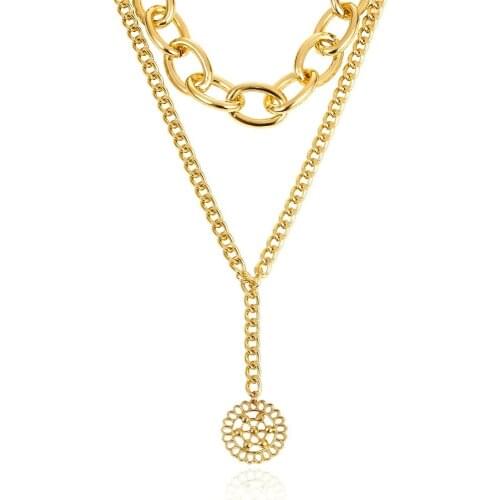 Fashion layered necklace temperament Pendant Necklace sweater chain women exaggerated chain double hollow disc Necklace