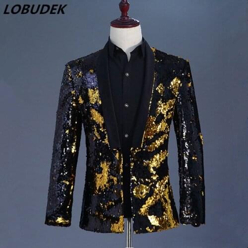 Men Gold Black Blazer Double color flipping sequins Jacket Coat Outfit Nightclub Host Stage Costume Singer Performance Outerwear