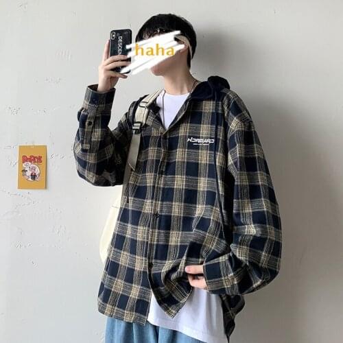 Autumn Hong Kong Style Plaid Shirt Mens Long Sleeve Loose Hoodie Tide Brand Large Korean Fashion Hoodie