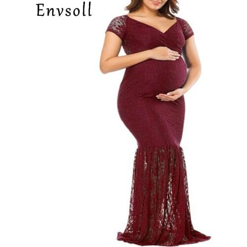 Envsoll Maternity Dress Gown Wedding Party Pregnant Dresses Long Maxi V Neck Lace Dress Maternity Clothes For Pregnant Women